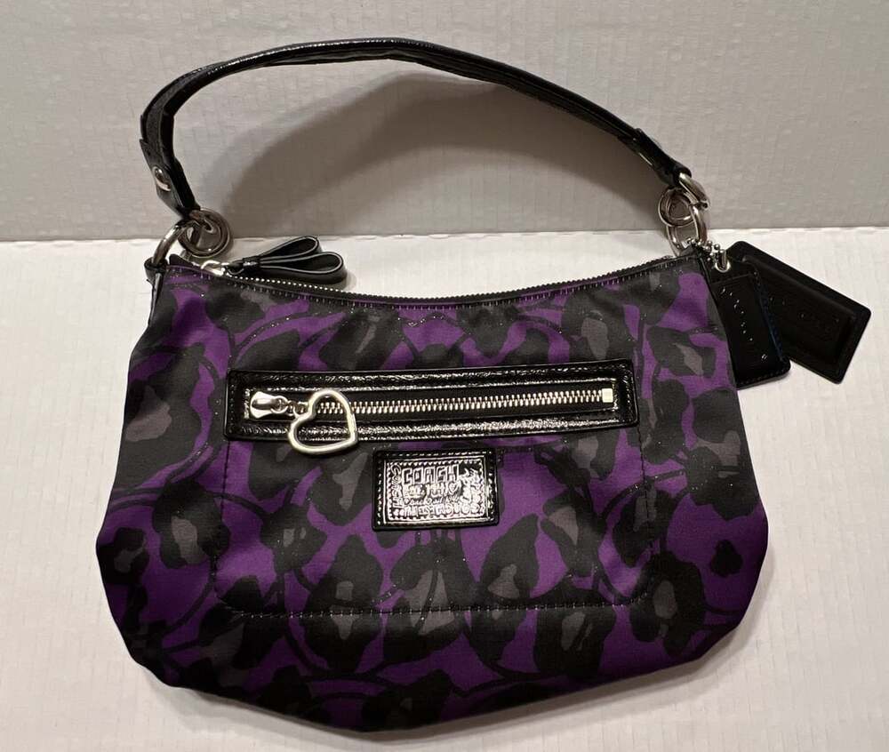 Coach Poppy Purple Black Ocelot Hobo Handbag F20024